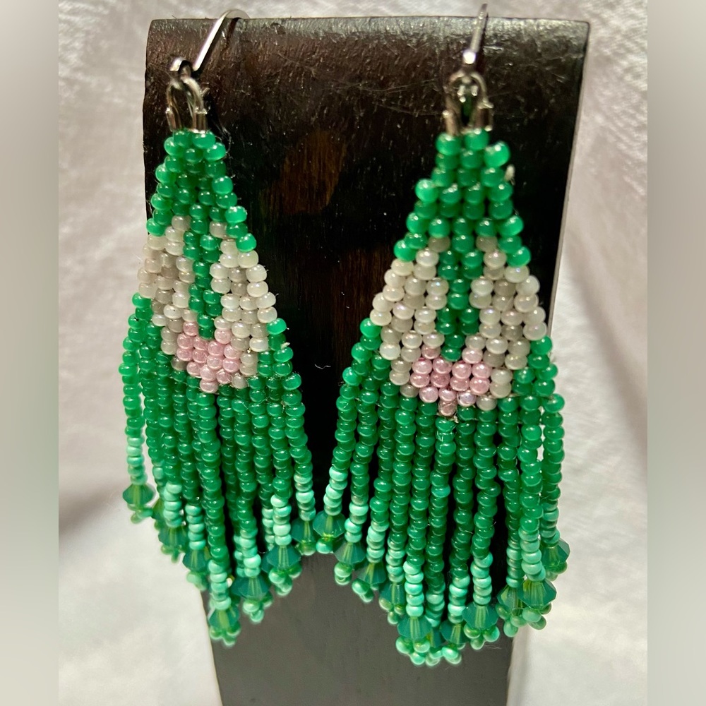 Winged Pink Heart Beaded Earrings Handmade